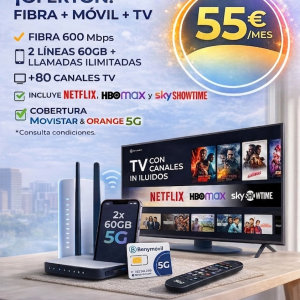 Fibra 600 2lineas 60gb y TV