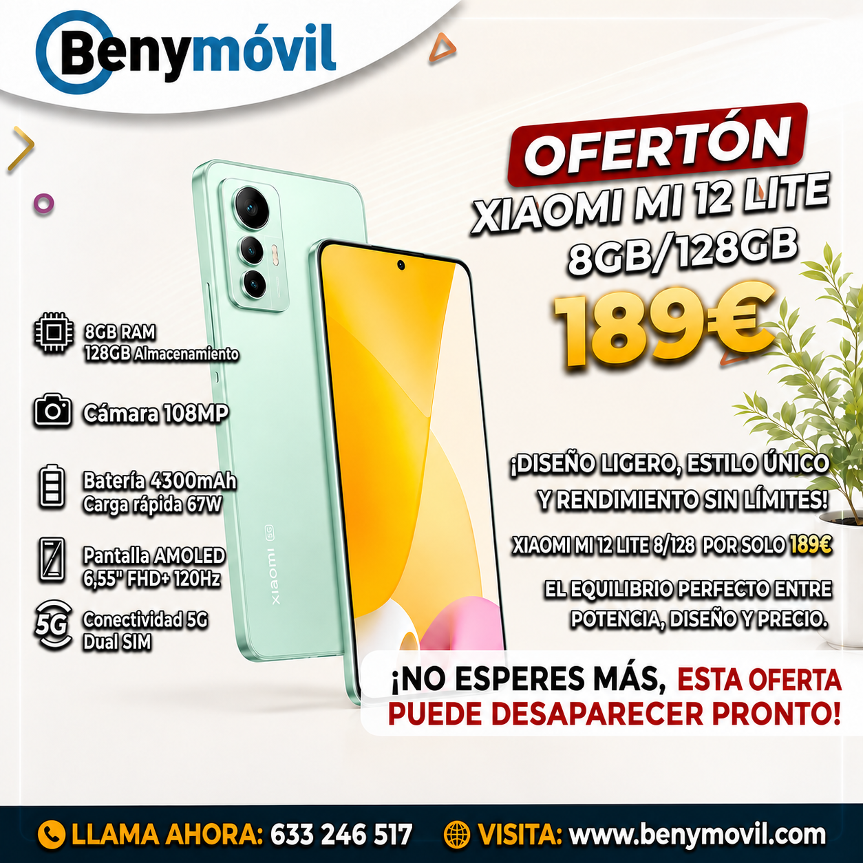 Xiaomi Mi 12 Lite 8/128GB — Diseño Premium y 5G