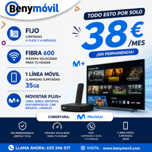 Fibra 600 Mb + Móvil 35 GB + Movistar Plus+ — 38 €/mes