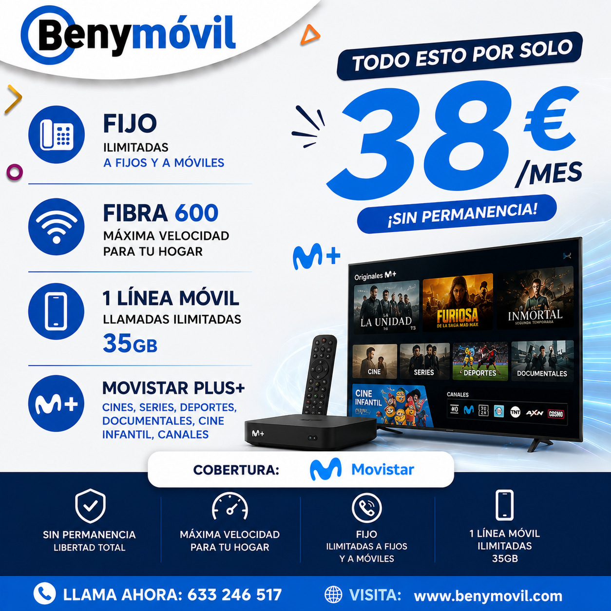 Fibra 600 Mb + Móvil 35 GB + Movistar Plus+ — 38 €/mes