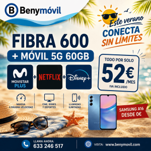Fibra 600 + Móvil + Movistar, Netflix, Disney+ 52€/mes
