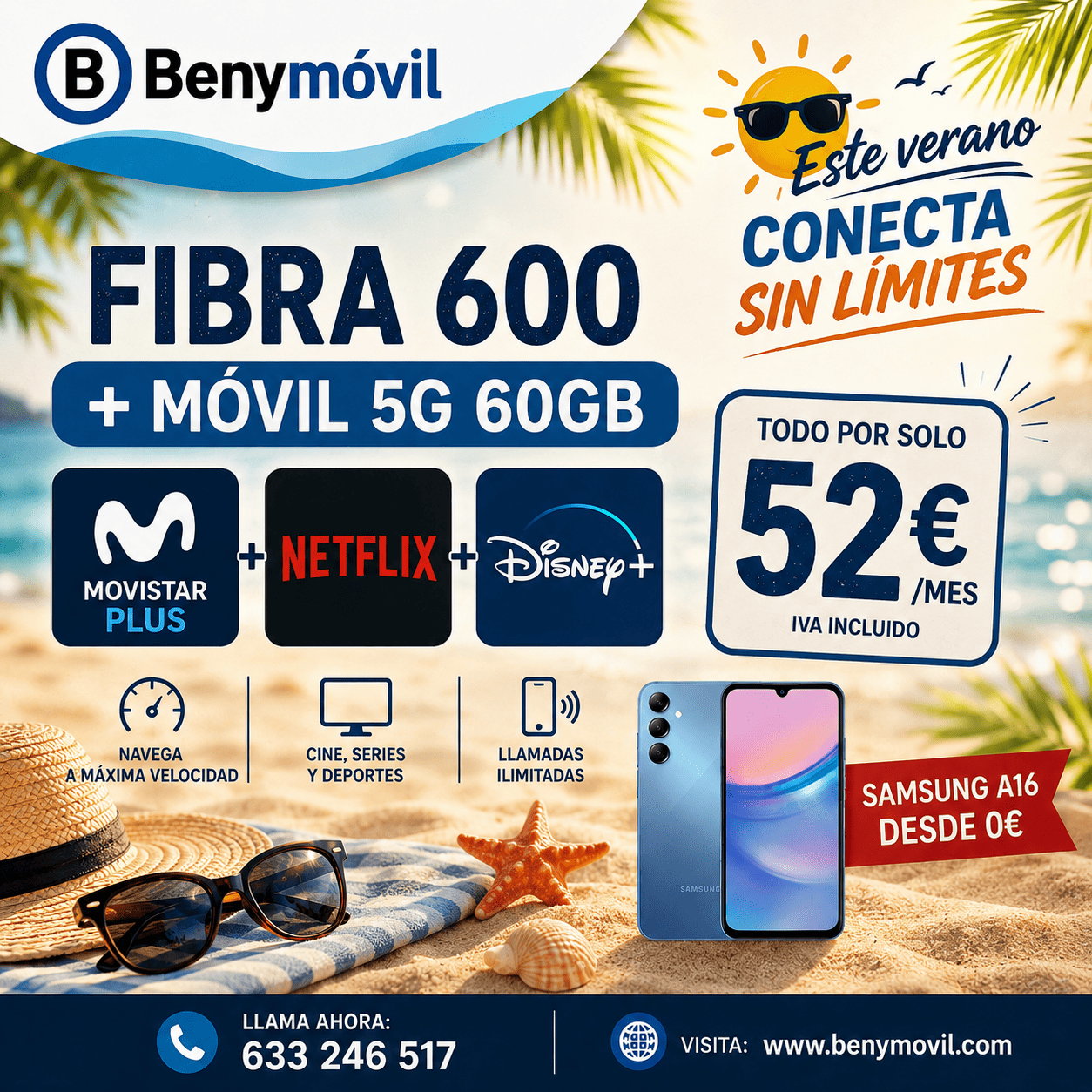 Fibra 600 + Móvil + Movistar, Netflix, Disney+ 52€/mes